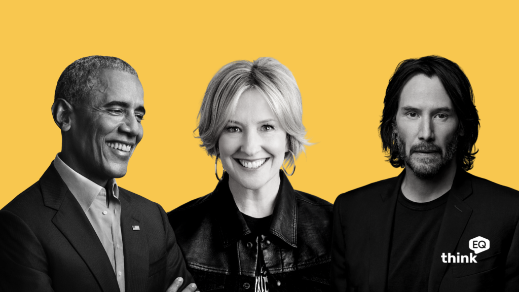 Emotionally intelligent leaders This is a graphic set on a yellow background depicting black and white images of president barack obama, researcher Dr Brene Brown and actor Keanu Reeves.